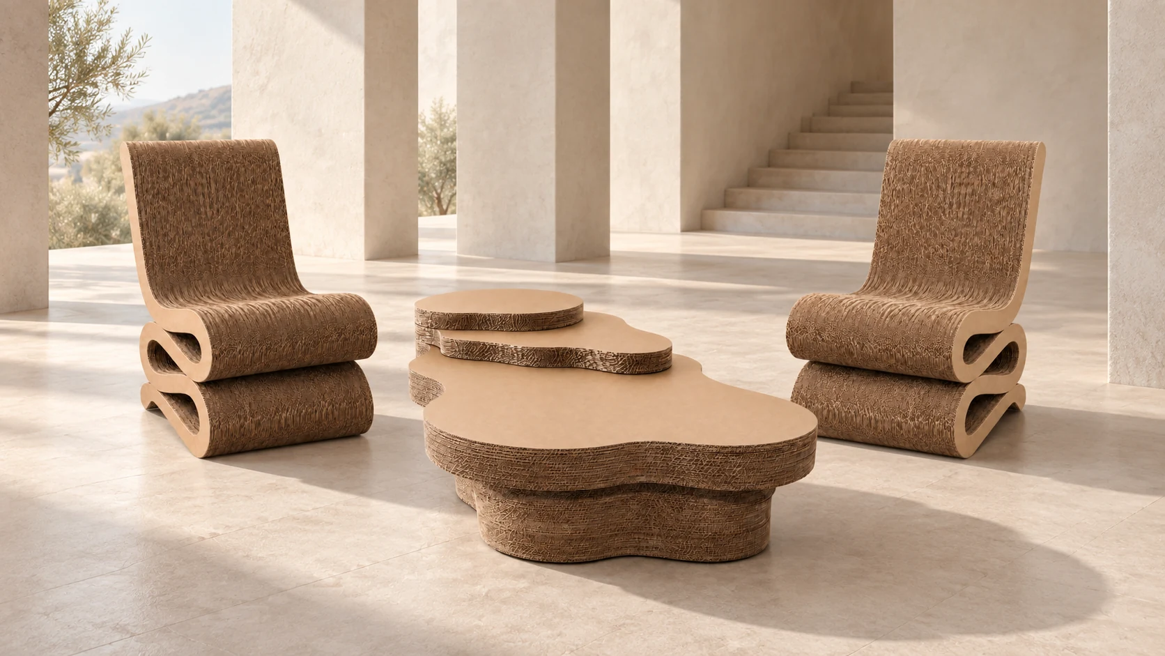 Deux chaises et une table basse Augustin en carton kraft dans un intérieur minéral clair