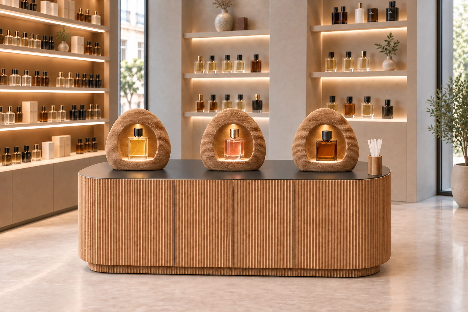Mise en scène de trois Galet sur le Buffet noir, avec un éclairage depuis le haut de chaque niche dirigé vers les parfums