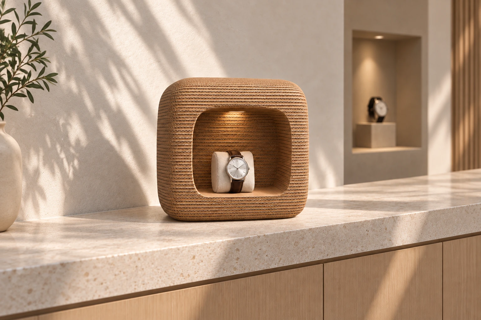 Sanctuaire présente une montre sur une console en pierre claire, dans une galerie horlogère aux murs ivoire