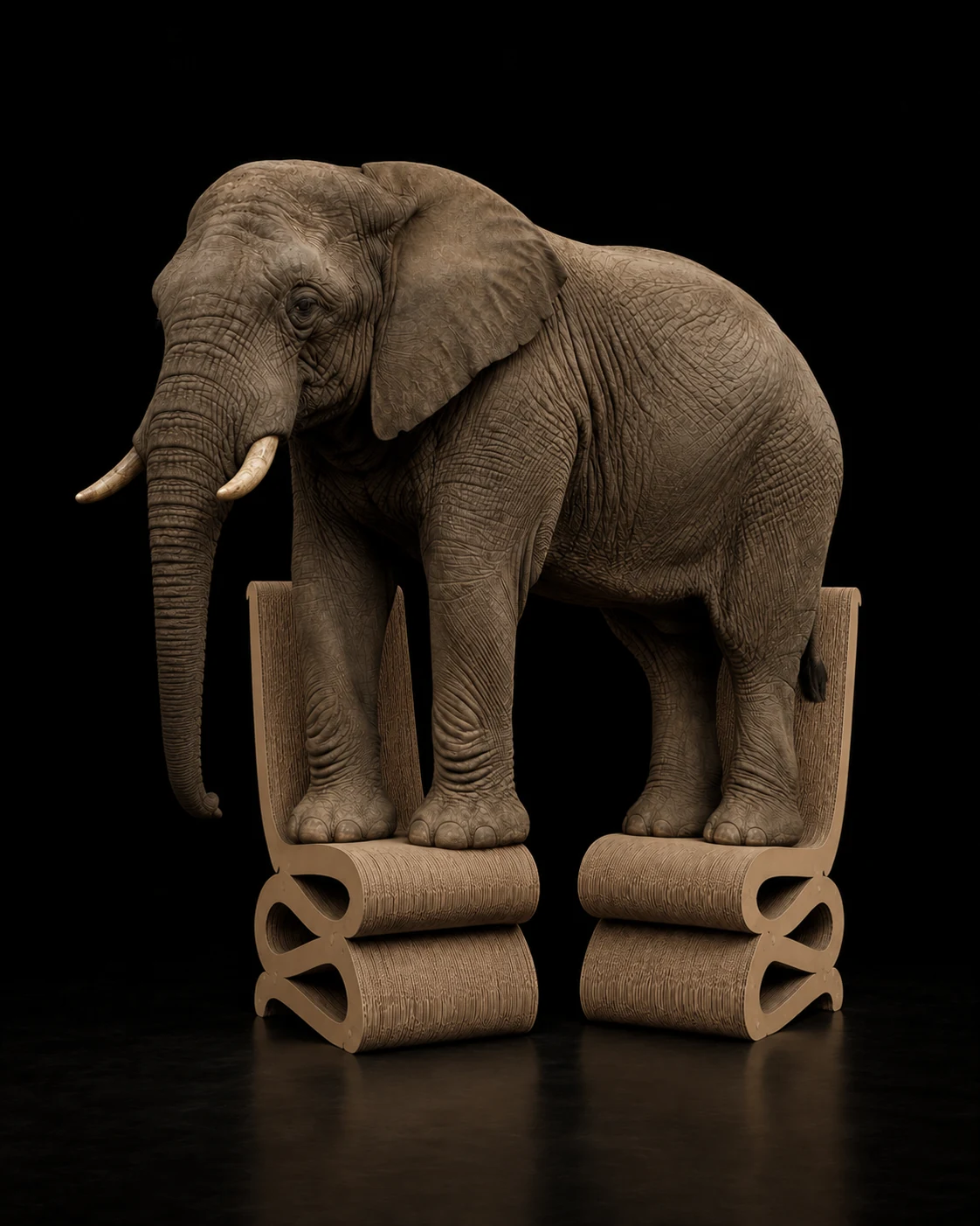 Illustration imaginaire : un éléphant debout sur deux chaises Augustin en carton stratifié