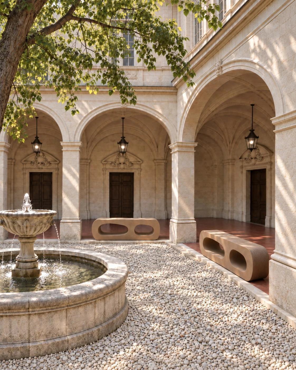 Vue imaginée de deux bancs Augustin sous les arches d’une cour, près d’une fontaine à l’ombre d’un arbre.
