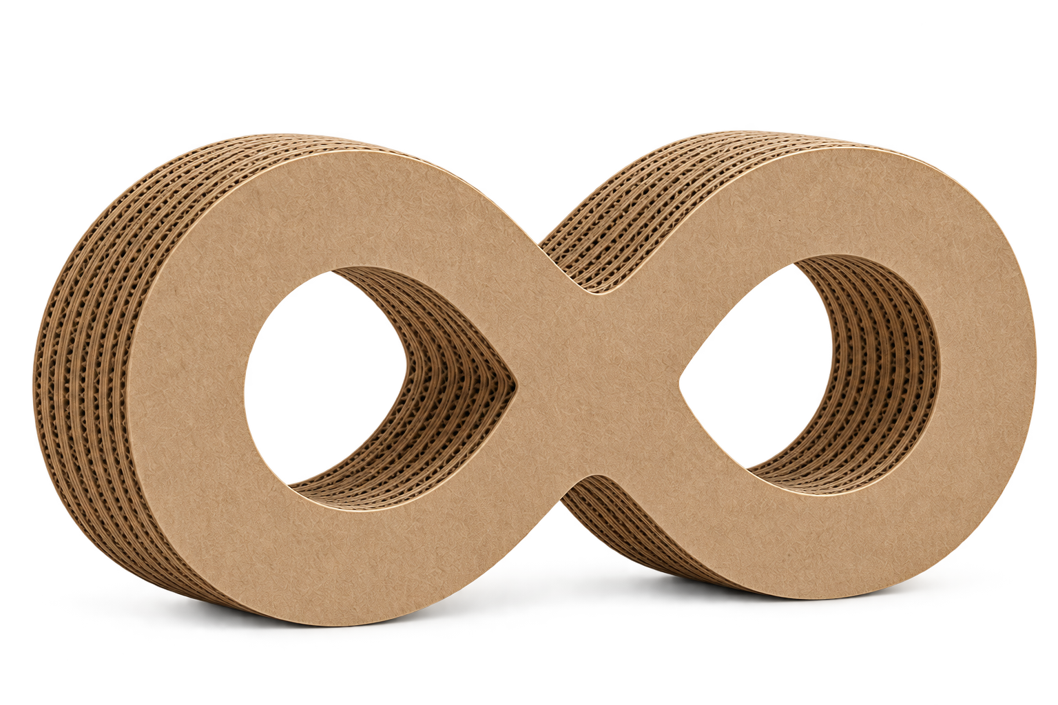 Sculpture en forme d’infini : la face kraft change de couleur puis revient au naturel, les cannelures restent brutes.